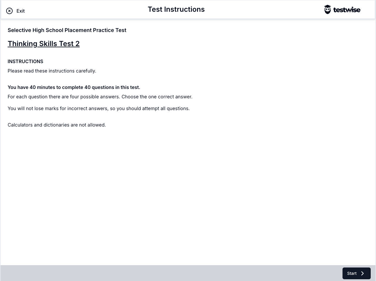 Testwise Exam Screen 1